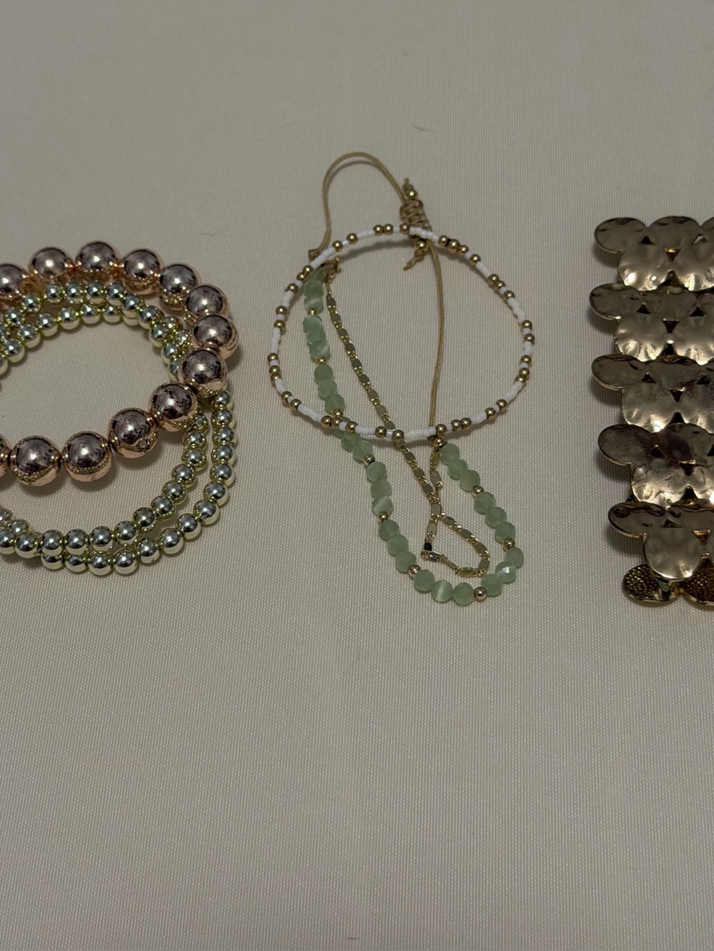 Green Beaded, Gold, and Silver Women's Bracelets (3 Sets and 1 Single Chunky)
